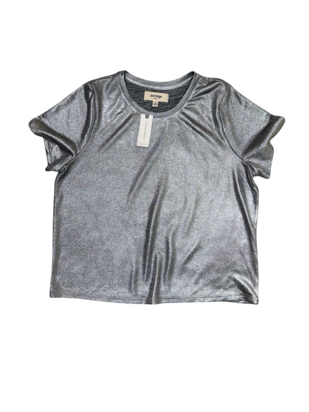 Porridge Top Womens M Silver Glam Tee Metallic Short Sleeve Shiny Shimmer Crew - Picture 7 of 10